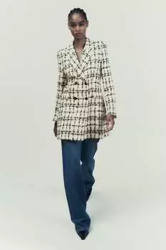 Длинный пиджак в клетку ZARA, кэмел