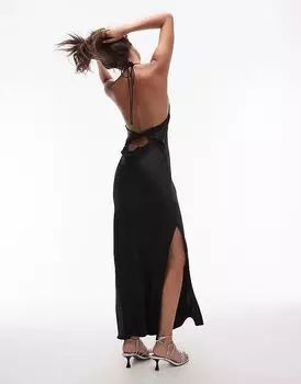 Драпированное платье макси с бретелью через шею черного цвета Topshop