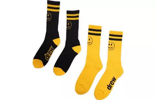 Drew House Набор носков-талисманов Smiley Stripe, черно-золотисто-желтые гольфы унисекс, 2 шт
