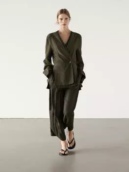 Двубортное пальто-кимоно из двойной ткани Massimo Dutti, зеленый