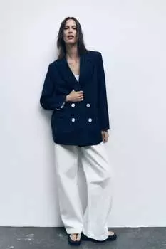 Двубортный пиджак ZARA, темно-синий