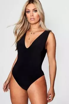 Двухслойное боди plus с погруженным вырезом Boohoo, черный