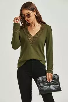 Двусторонний топ с V-образным вырезом и кружевом в простом стиле FS Collection, зеленый