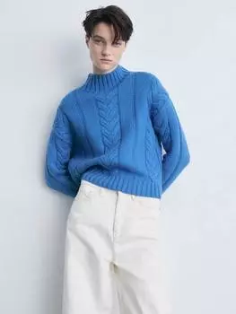 Джемпер из полушерстяной смеси yogui кабельной вязки Mango, цвет Bright Blue
