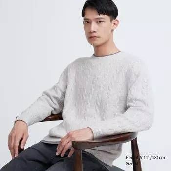 Джемпер косой вязки с круглым вырезом из пряжи суфле Uniqlo, светло-серый