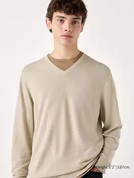 Джемпер с V-образным вырезом из 100% мериносовой шерсти Uniqlo, цвет 33 хаки