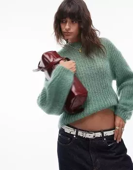 Джемпер в рубчик из высококачественного мохера 70% зеленого цвета Topshop