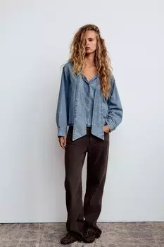 Джинсовая рубашка с бантом ZARA, синий