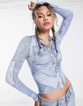 Джинсовая рубашка с глубоким вырезом и принтом ASOS DESIGN