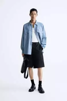 Джинсовая рубашка с прострочкой ZARA, синий