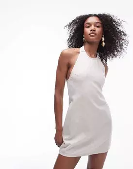Джинсовое мини-платье с воротником-халтер Topshop в полоску экрю