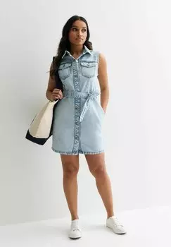 Джинсовое платье Petite Sleeveless Belted Mini New Look, ярко-синий
