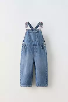 Джинсовый комбинезон с вышивкой ZARA, средне-синий