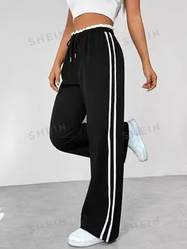 EZwear Колор-блок, полоска, пояс из бумажного пакета, повседневные брюки Shein, черный