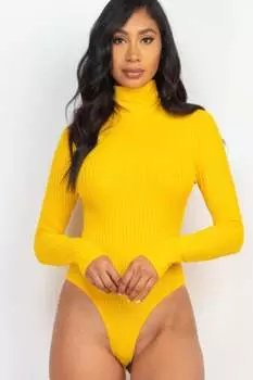 FASHNZFAB Женский ребристый боди с длинным рукавом и водолазкой, цвет daylily yellow