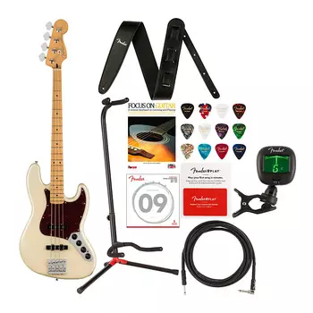 Fender Player Plus 4-струнная бас-гитара Maple FB Jazz (для правой руки, олимпийская жемчужина) в комплекте с ремешком из веганской кожи, кабелем, тюнером, струнами, регулируемой подставкой, медиаторами, обучающей книгой и карточкой