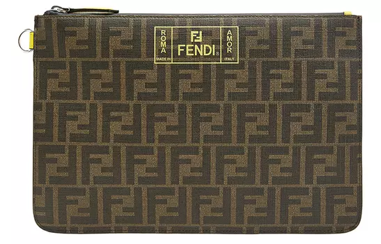 FENDI Сумка-клатч из кожи с покрытием, унисекс, коричневого и желтого цветов