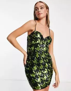 Фестивальное мини-платье премиум-класса Miss Selfridge с черно-зеленым принтом "гусиные лапки"