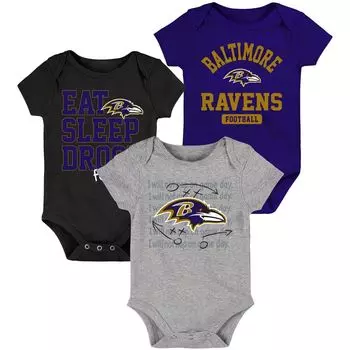 Фиолетовый/черный комплект боди для новорожденных и младенцев Baltimore Ravens Eat Sleep Drool Football, комплект из трех предметов Outerstuff