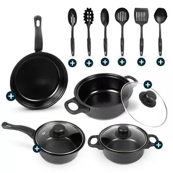 Fleau Kitchen Набор из 13 угольных сковородок — Набор сковород и сковородок — Круглая форма — Набор для приготовления пищи — Кастрюли Сковорода с антипригарным покрытием — Маленькие сковородки для кемпинга — Набор сковородок Черный ja!