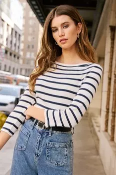 Футболка из джерси в рубчик 3/4 с вырезом «лодочка» Friends Like These, синий