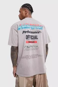 Футболка oversize acid wash motor sport Boohoo, серо-коричневый