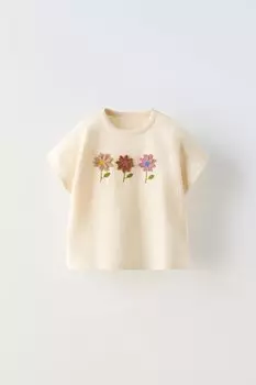 Футболка с цветочной аппликацией ZARA, экрю
