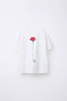 Футболка с цветочным принтом ZARA, белый