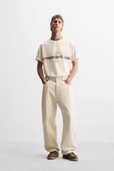 Футболка с контрастным принтом ZARA, экрю