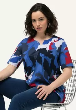 Футболка с принтом ABSTRACT SPLIT NECK SHORT SLEEVE TEE Ulla Popken, темно-синий