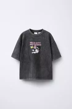 Футболка с принтом "хелло китти и друзья" с эффектом стирки sanrio ZARA, серый марл