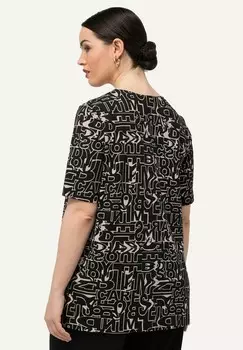 Футболка с принтом LETTER SHORT SLEEVE SPLIT NECK Ulla Popken, черный