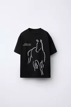 Футболка с принтом лошади ZARA, черный