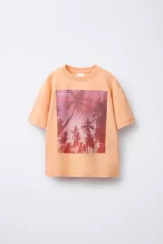 Футболка с принтом пальмовых листьев ZARA, оранжевый