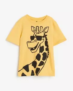 Футболка с принтом жираф хлопковая H&M Giraffe Cotton, желтый