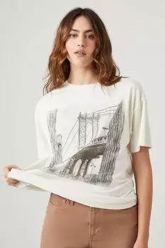 Футболка с рисунком мост и потертостями Forever 21, белый