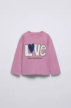 Футболка с тисненым текстом ZARA, цвет wine