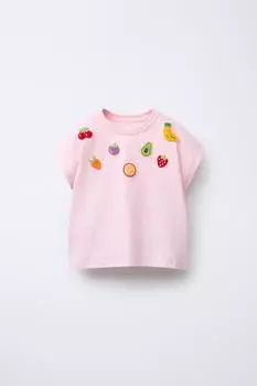 Футболка с вышитой фруктовой нашивкой ZARA, розовый