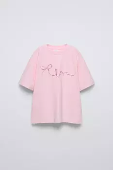 Футболка с вышитым бантом ZARA, розовый