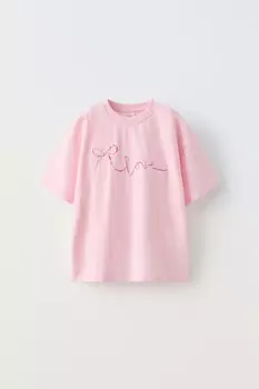 Футболка с вышитым бантом ZARA, розовый