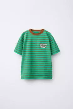 Футболка с вышивкой в полоску ZARA, цвет Green stripe