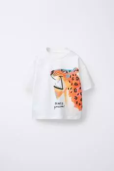 Футболка с животным принтом ZARA, белый