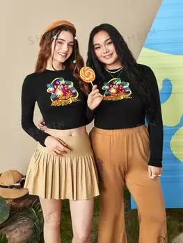 Футболка укороченная Shein с мультяшным рисунком, черный
