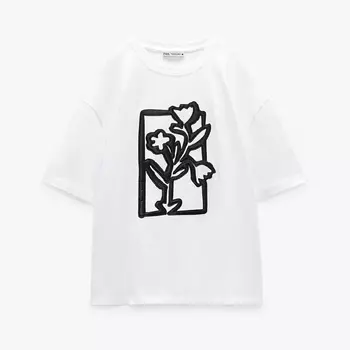 Футболка Zara Contrast Flower, белый