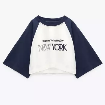 Футболка Zara Cropped Slogan, белый/синий