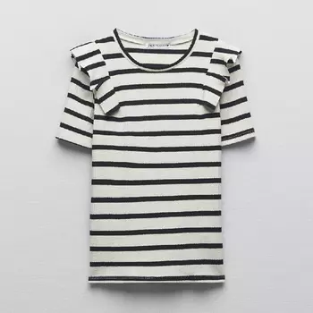 Футболка Zara Ribbed With Ruffles, черный/белый