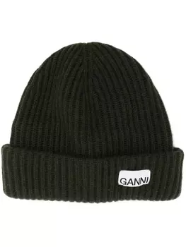 GANNI шапка бини в рубчик с нашивкой-логотипом, зеленый