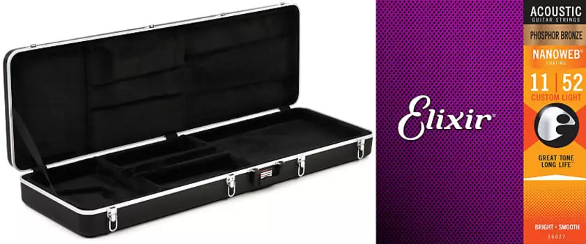 Gator GC-Bass Deluxe Литой корпус из АБС-пластика для электробас-гитары Комплект со струнами Elixir 16027 Струны для акустической гитары из фосфорной бронзы Nanoweb - .011-.052 Custom Light Elixir Strings + Gator 16027=1 GC-Bass=1