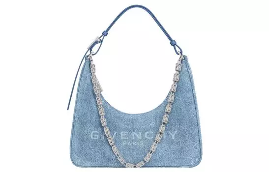 Givenchy Сумка с вырезом в форме луны из выстиранного денима с цепочкой, средне-синяя