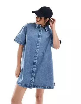 Голубое джинсовое платье-рубашка с короткими рукавами ASOS